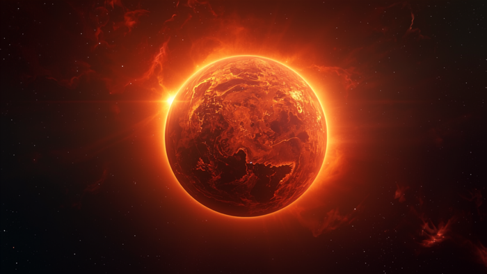 The red planet Mars lit from the left against black space, its surface markings faintly visible