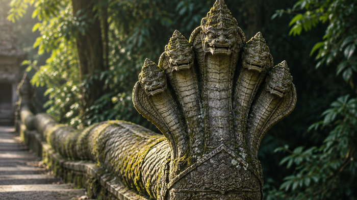 Carved stone naga balustrade with five cobra hoods beside temple steps in morning light