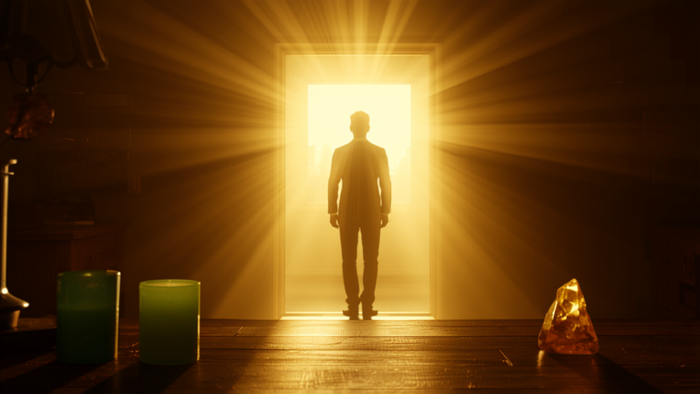 A person silhouetted in a brightly lit doorway seen from a dark room with green candles and citrine