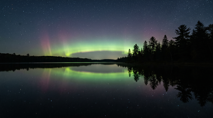 Green aurora arc with faint pink pillars glowing low over a still northern lake lined with pine trees at night, reflected in the water