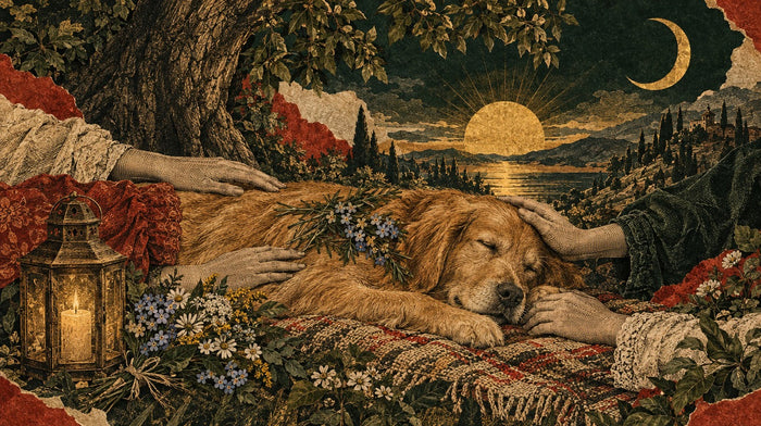Golden retriever lying at rest on a blanket, hands on its fur, rosemary, forget-me-nots and a candle lantern