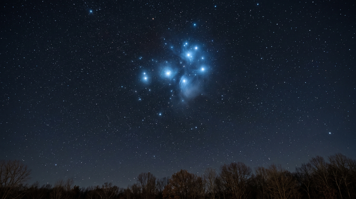The Pleiades cluster in blue haze above a dark autumn treeline, seen from a quiet field at night