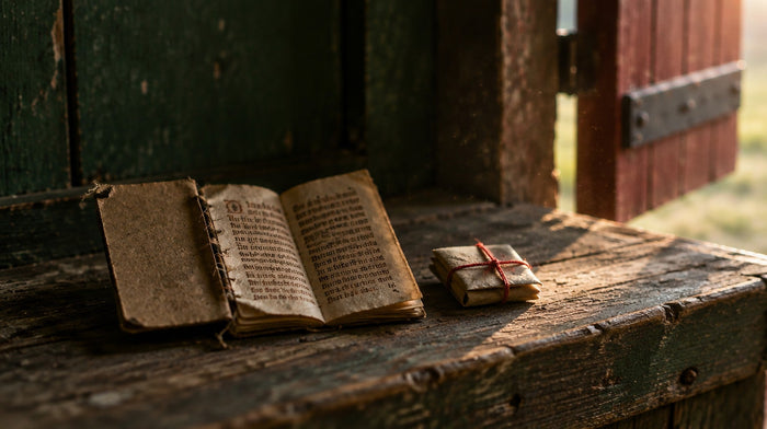 Tiny worn charm booklet open on a weathered farmhouse door sill beside a paper packet tied with red thread