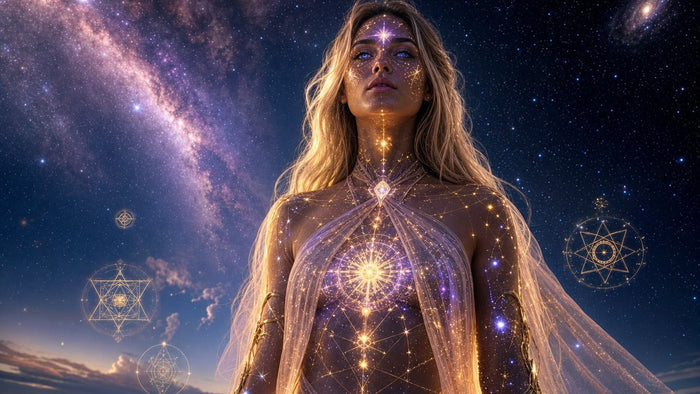 Woman standing beneath the Milky Way with constellation light traced across her body