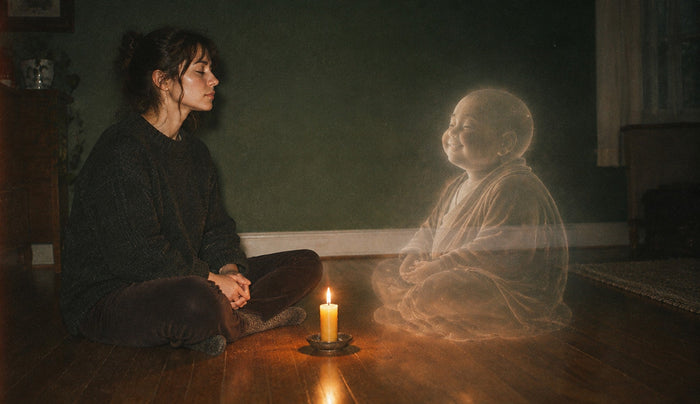 Woman meditating on a wooden floor by candlelight, facing a faint translucent monk figure formed from her thoughts