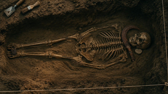 Excavated grave with a skeleton, a rusted sickle across the neck, a stone by the jaw and a padlock on the foot