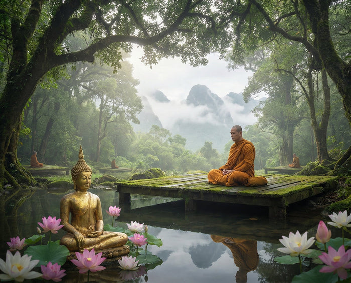 A robed monk seated in meditation on a mossy wooden platform beside a lotus pond and a golden Buddha figure