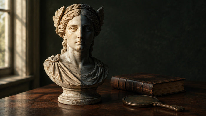 A split marble bust, one half in warm daylight and one half in deep shadow, beside an old leather book