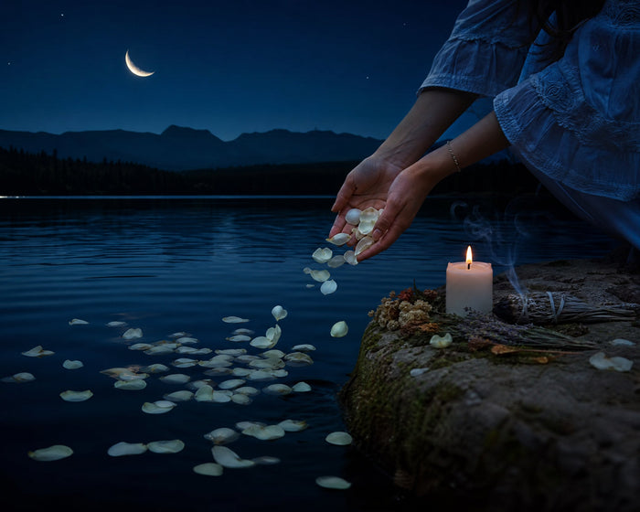 Hands releasing white petals into a dark lake under a waning crescent moon, a candle burning on the rock beside them