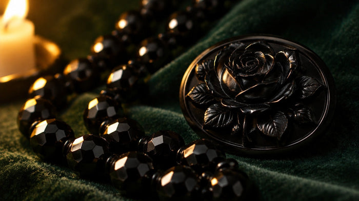 Victorian jet mourning jewelry: faceted black bead necklace and carved rose brooch on dark green velvet