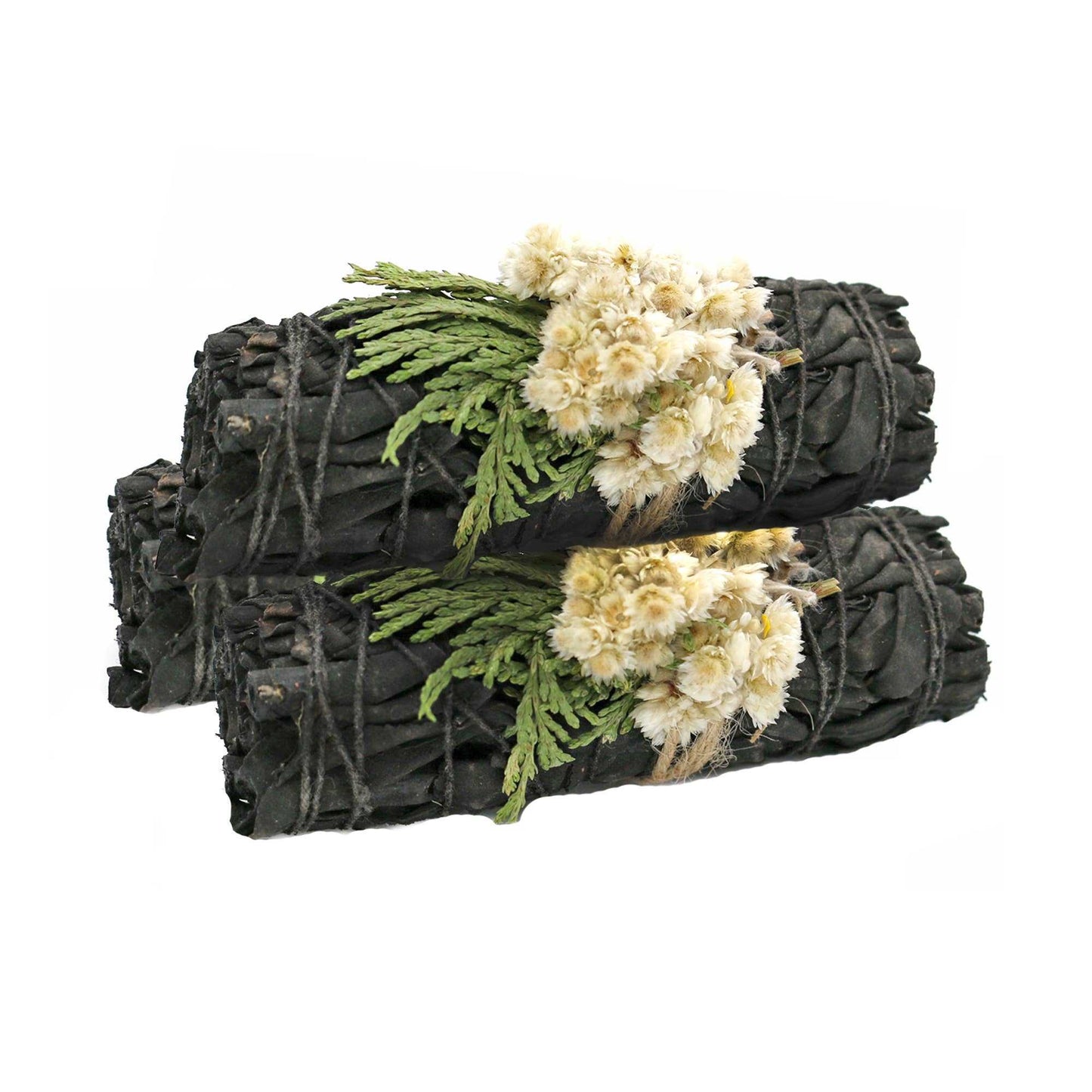 White sage smudge stick bound with deep-colored dried flowers
