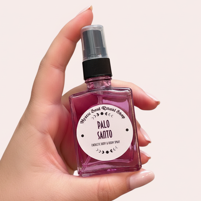 Close-up of the Palo Santo Smudge Spray label and bottle.