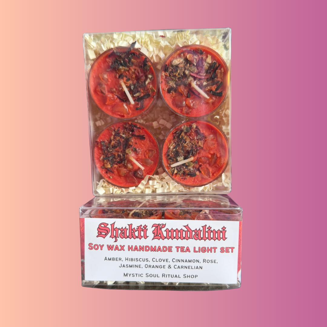 The four Shakti devotional tealights arranged together for altar work.