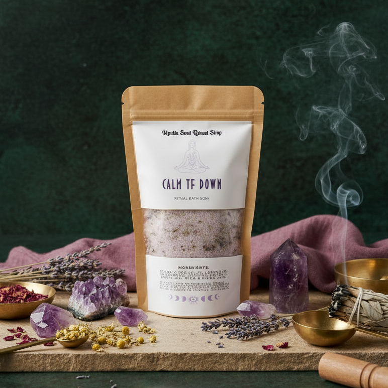 A jar of Calm the F Down Ritual Bath Soak with mineral salts and dried botanicals.