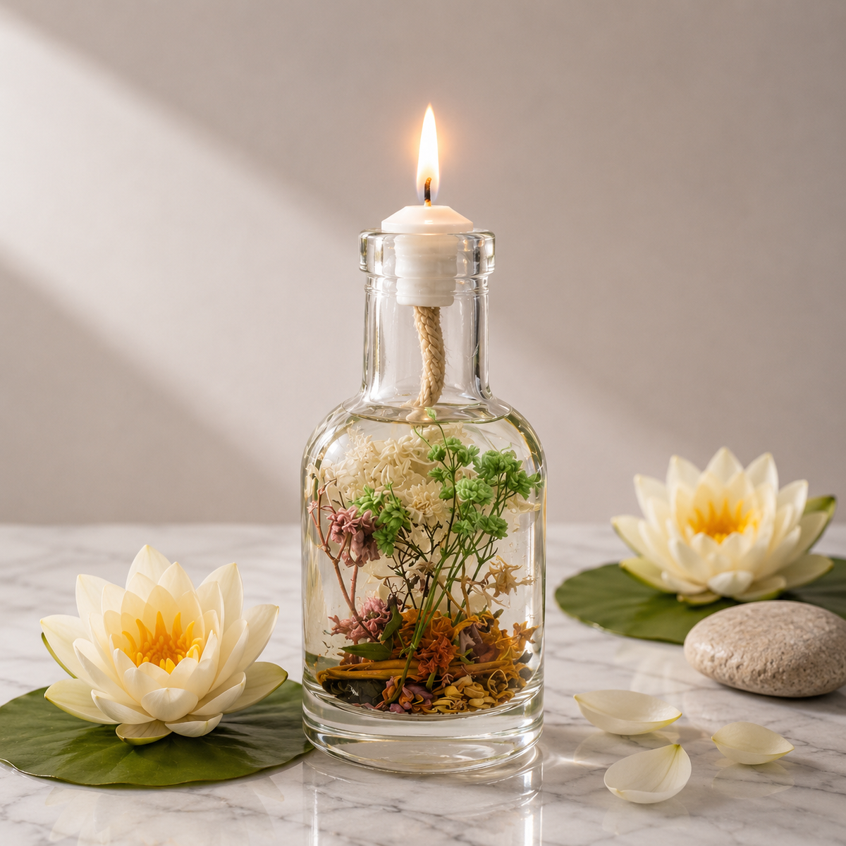 Lit Virgo oil candle: a clear glass bottle of delicate pink and green dried botanicals with a burning wick, on a pale surface beside two white water lilies and a smooth river stone