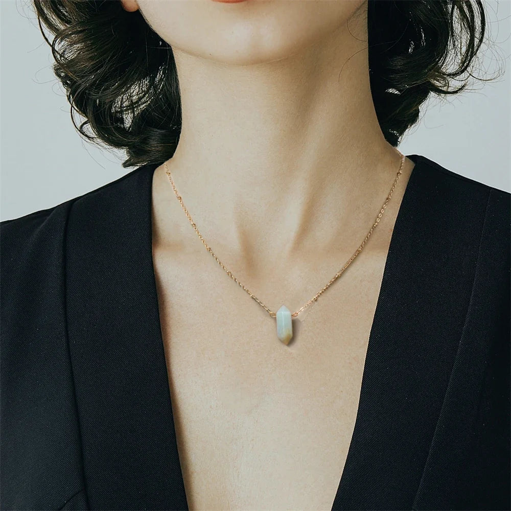 Crystal Hexagon Gold Necklaces — Gemstone Column Pendant, Adjustable