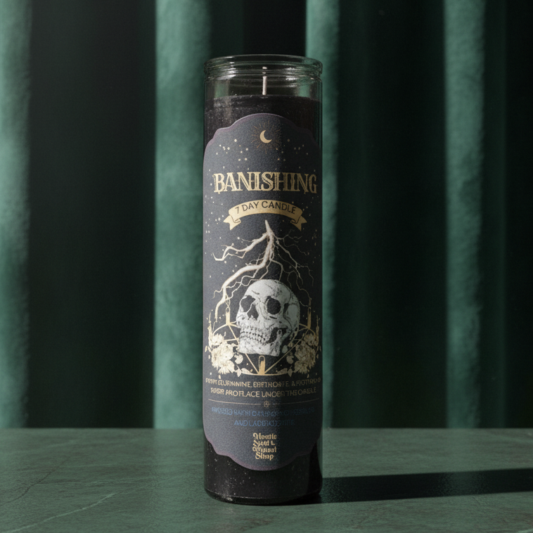 A tall black seven-day glass jar candle with a Banishing label.