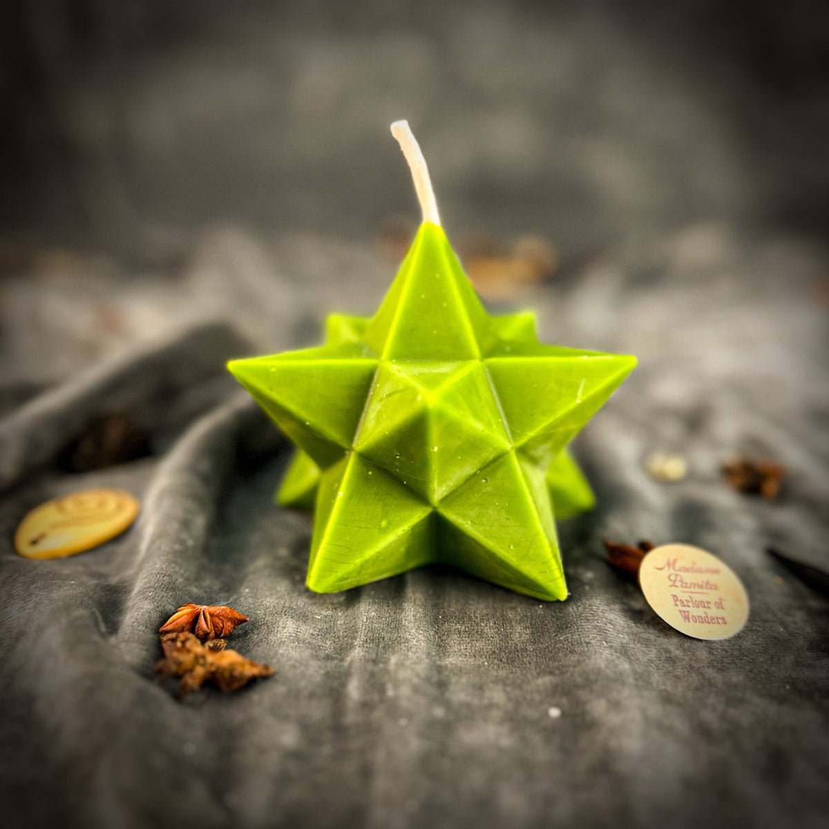 Green beeswax Pentagram Merkaba spell candle for protection and ascension work