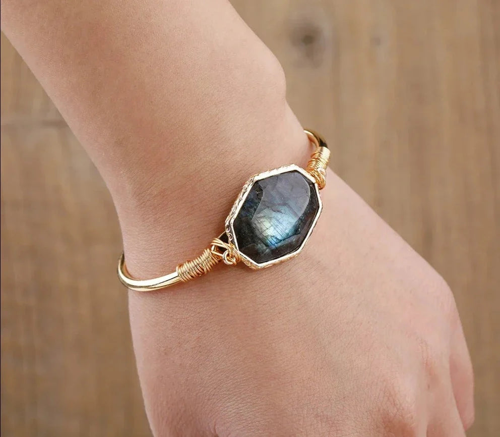 Labradorite Bangle Bracelet — Octagonal Flash Stone Cuff in Gold or Silver