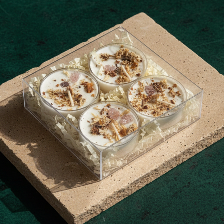 The Freyja devotional tealight set with several small dressed tealight candles for the altar.