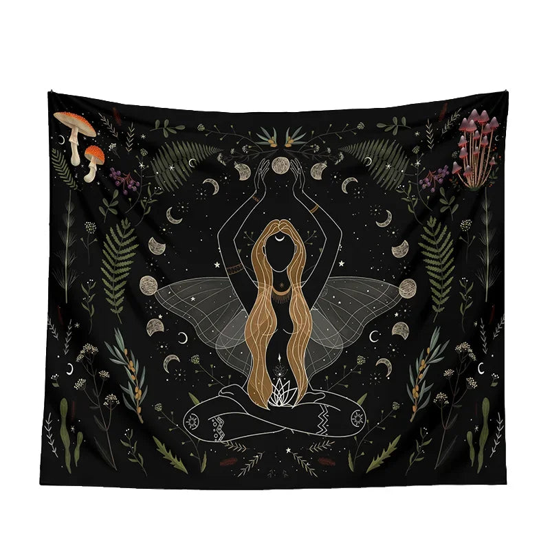 Black moon phase tapestry with lunar cycle print hanging on a wall — view 5 of 6
