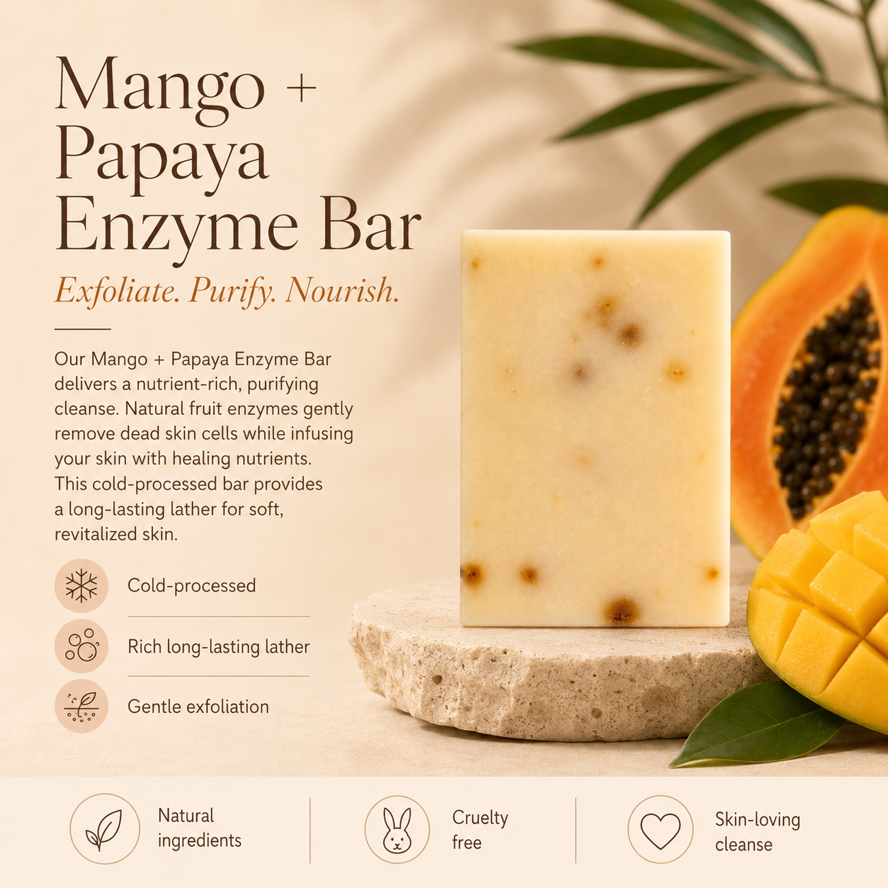 Mango and papaya enzyme bar soap, warm golden-orange bar — view 4
