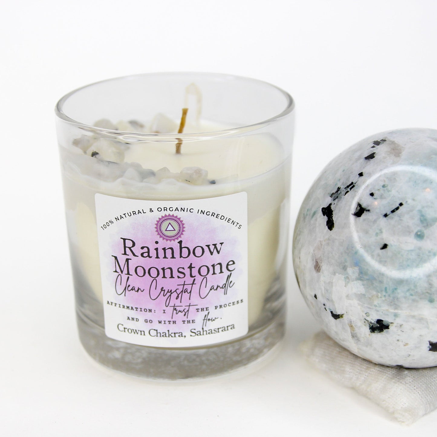 Rainbow Moonstone Clean Crystal Candle — Unscented Soy Candle for Intuition & Flow