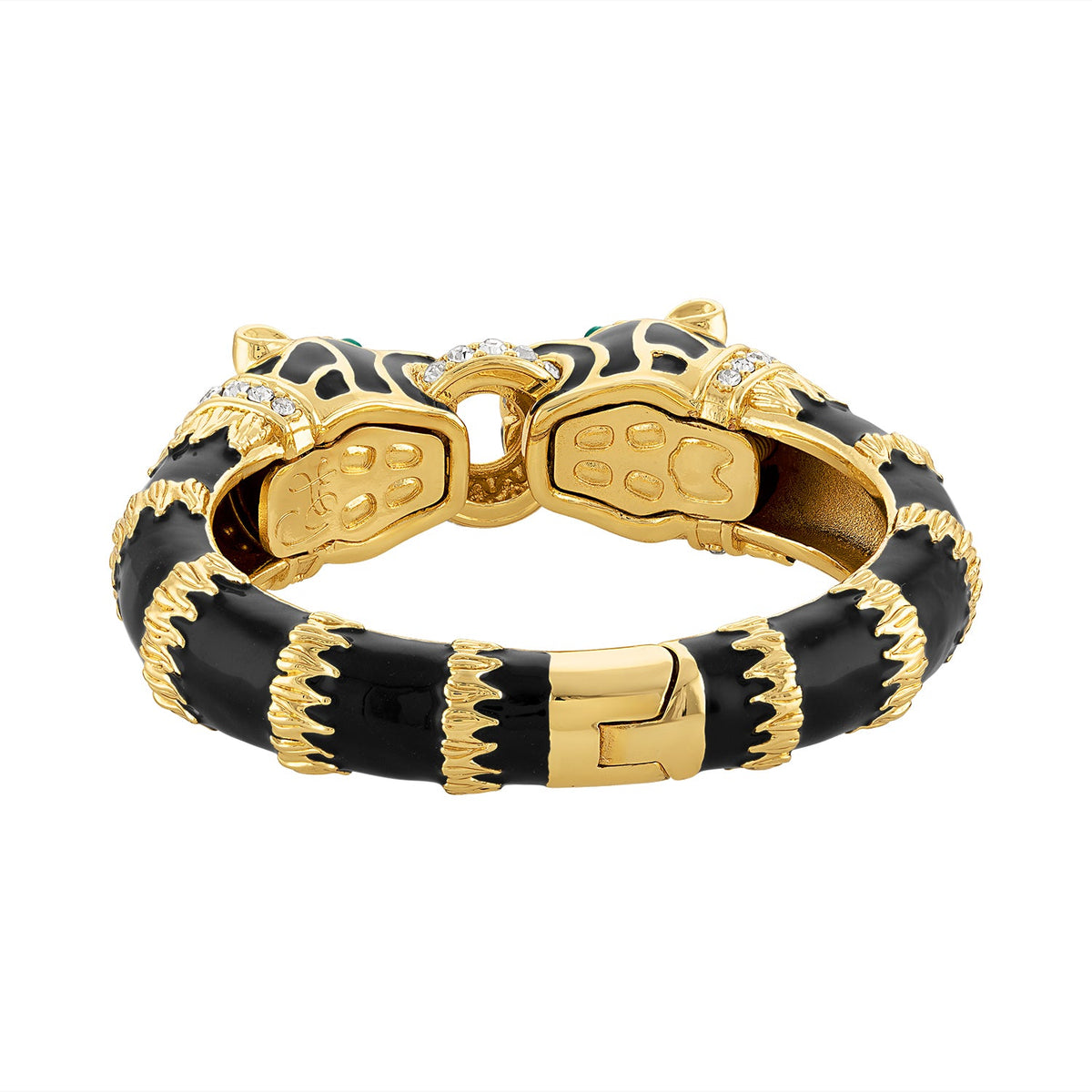 Underside of the black panther cuff showing the gold paw pads, the hinge and the clasp.