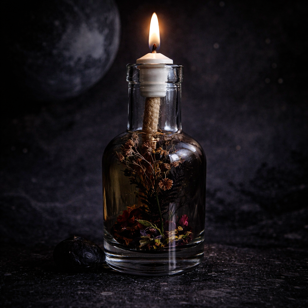 Lit Pluto oil candle: a clear glass bottle of near-black botanicals in dark oil with a burning wick, photographed against a black background with a shadowed planet and dark stones