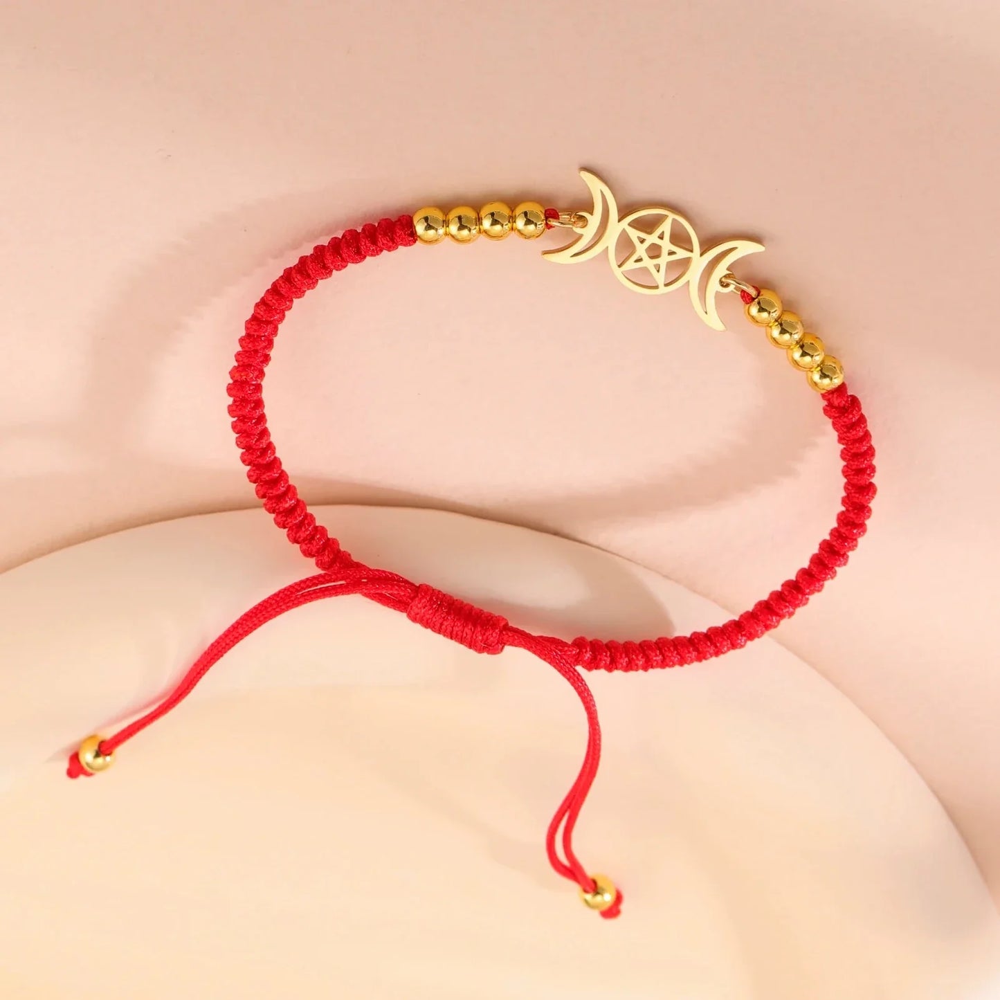 Triple moon pentacle charm in stainless steel on an adjustable lace-up cord bracelet — view 13 of 13
