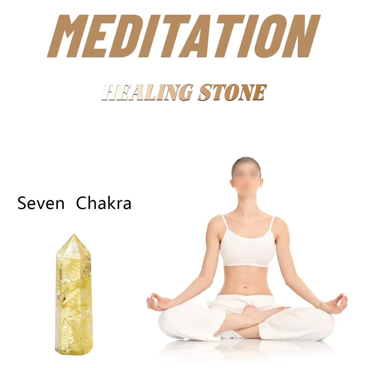 Supplier marketing graphic: a citrine tower beside a seated figure in a meditation pose, overlaid with the supplier's own promotional wording