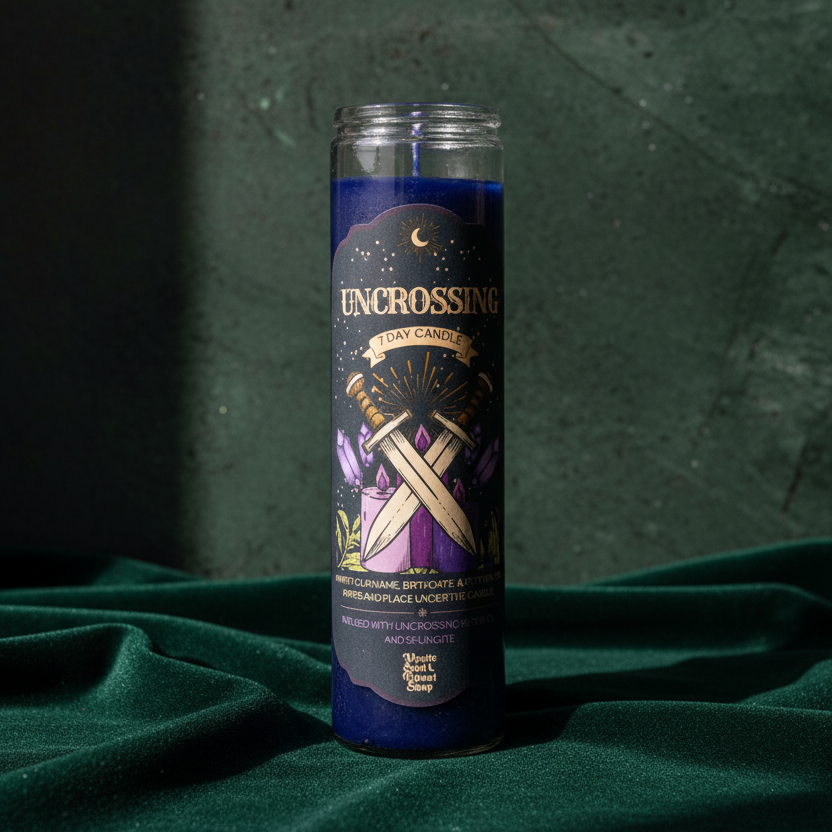A tall deep purple seven-day glass jar candle with an Uncrossing label.