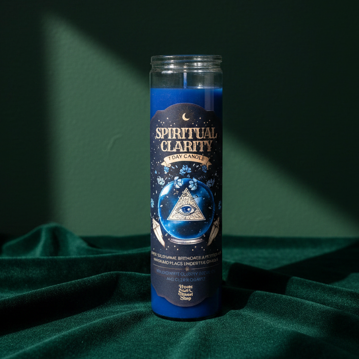 A tall blue seven-day glass jar candle with a Spiritual Clarity label.
