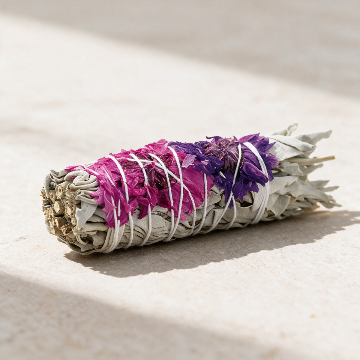 Blissful Floral White Sage Smudge Stick — Raise Your Vibration (4 in.) – botanical detail