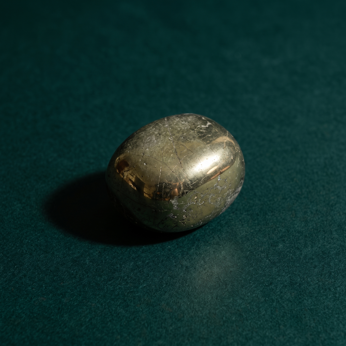 Single rounded pyrite stone on dark green velvet, its polished faces catching a warm gold highlight