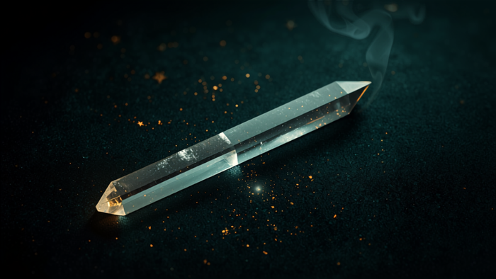 Clear double-terminated quartz wand resting on a dark surface, lit from the side with drifting smoke