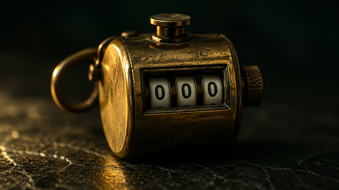 Vintage brass tally counter with its three number wheels reset to 000 on dark slate