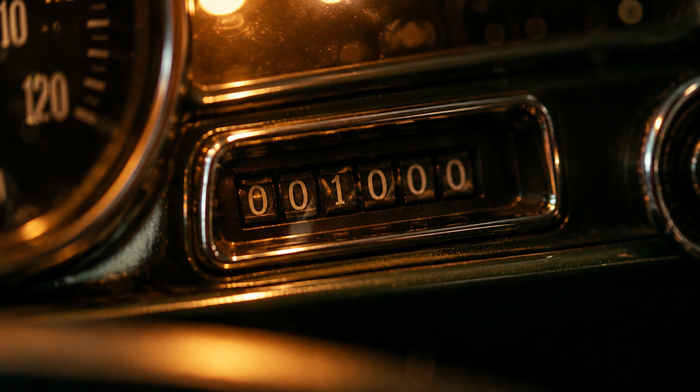 Analogue car odometer rolling over to 001000 under a warm dashboard light at night