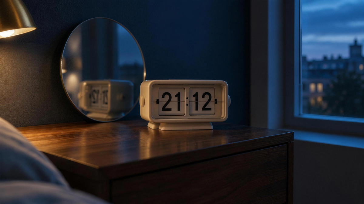 A cream flip clock showing 21:12 on a walnut nightstand, its reversed reflection in a round mirror, blue dusk light
