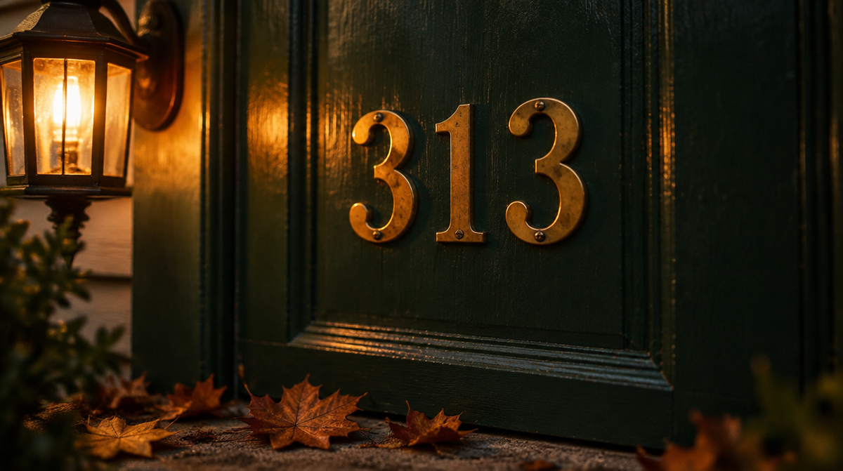 Brass house numbers 313 on a dark green front door at dusk, lit by a porch lantern, autumn leaves on the step
