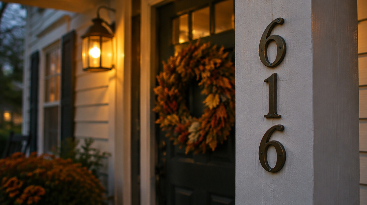 Bronze house numbers 616 on a white porch post beside a front door with an autumn wreath