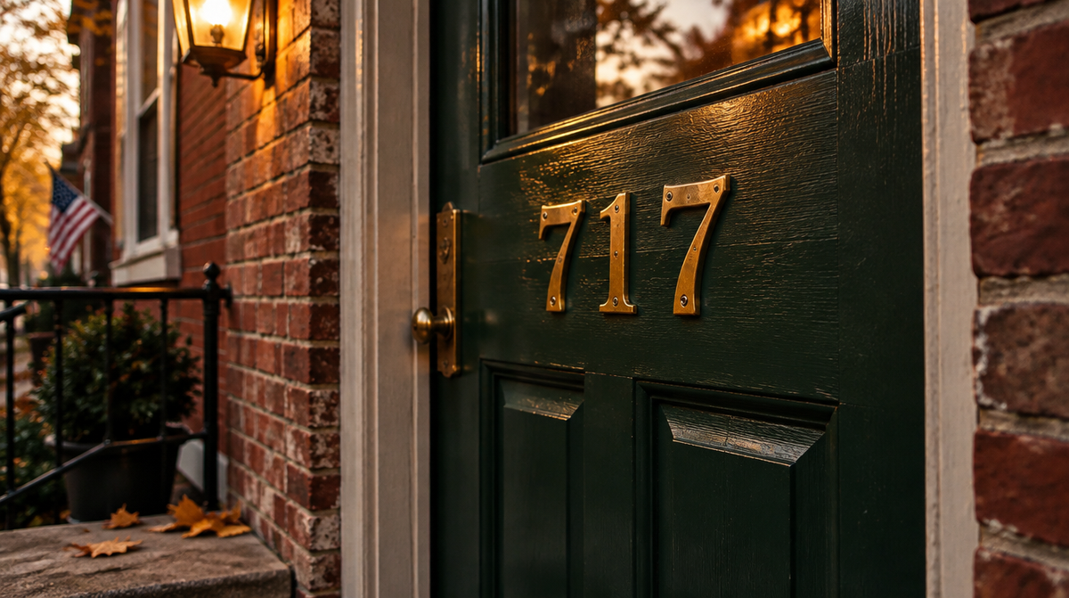 Polished brass house numbers 717 on a dark green front door lit by a porch lamp at dusk