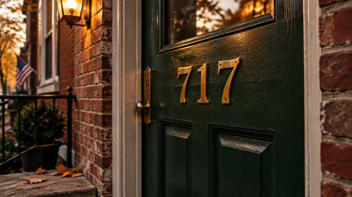 Polished brass house numbers 717 on a dark green front door lit by a porch lamp at dusk