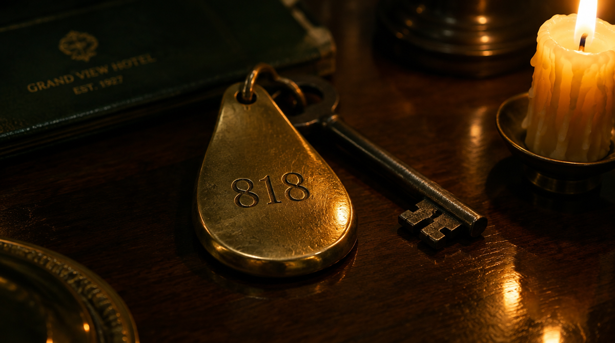 Brass hotel key fob engraved 818 beside an iron key and a lit candle on dark walnut