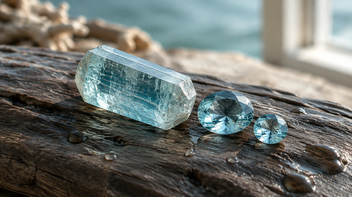 Natural hexagonal aquamarine crystal and two faceted pale blue aquamarine gems on wet driftwood by a window with sea view