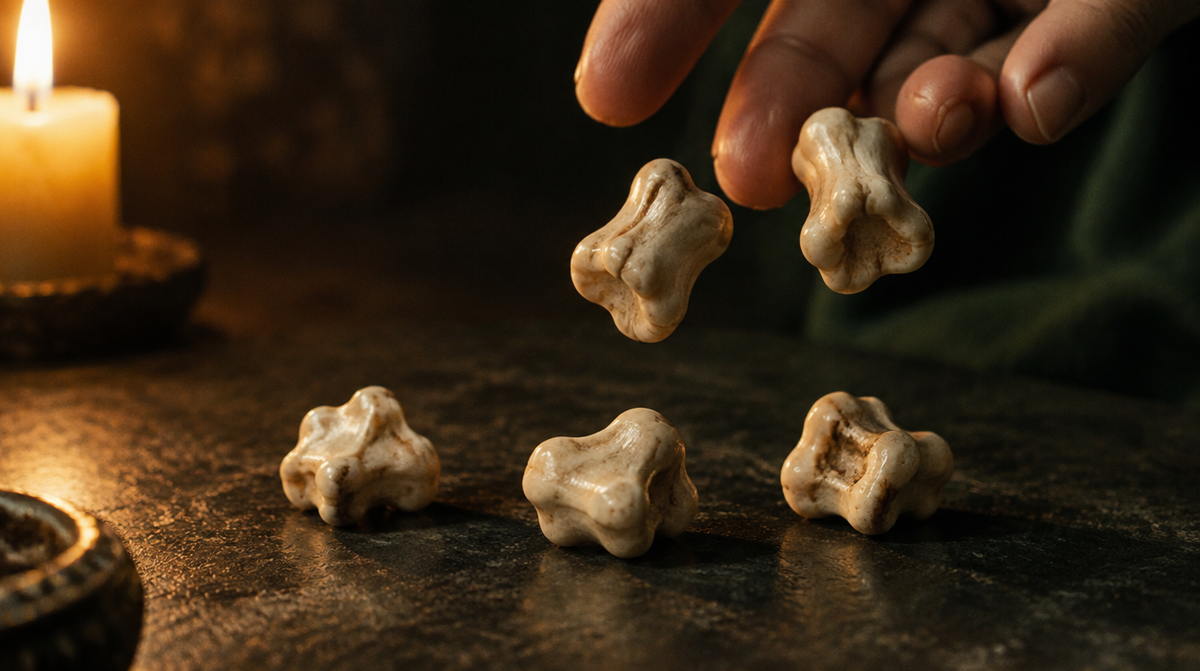 Hand dropping sheep knucklebones onto a dark table, three astragali already landed, candle glowing on the left