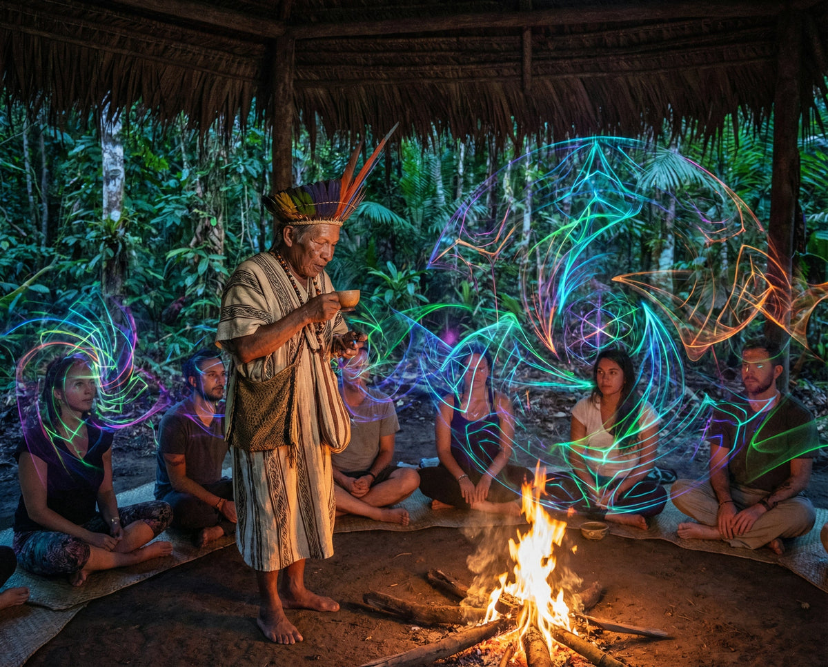 A healer holds a cup before seated participants in a thatched Amazon ceremony hut at night