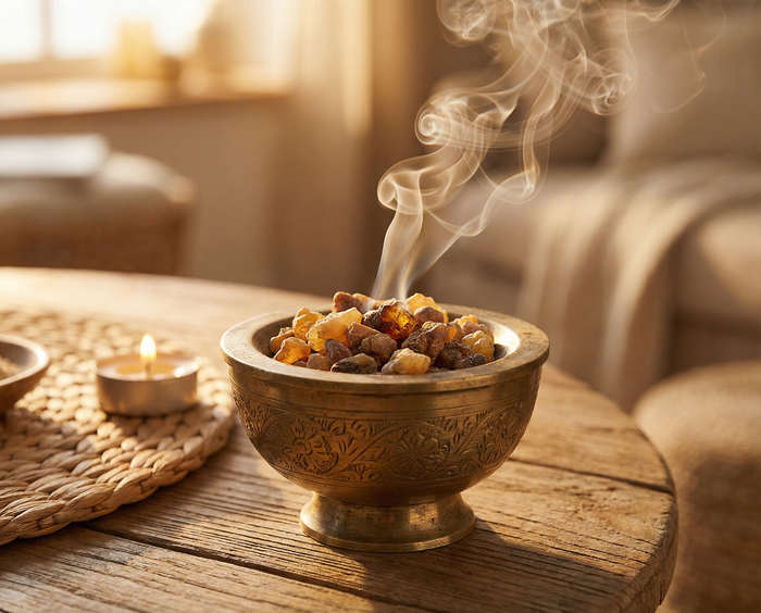 Amber benzoin resin tears smoking in an engraved brass bowl on a wooden table beside a lit tealight
