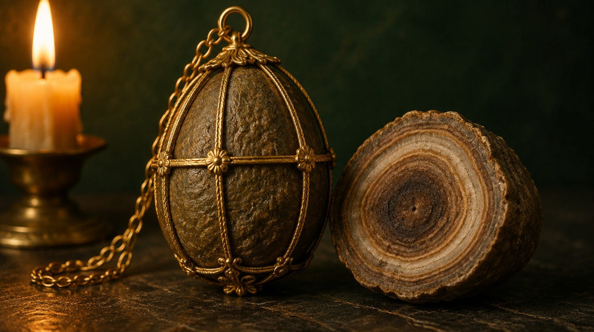 Egg-shaped bezoar stone in a gold filigree cage on a chain beside a sliced bezoar showing growth rings