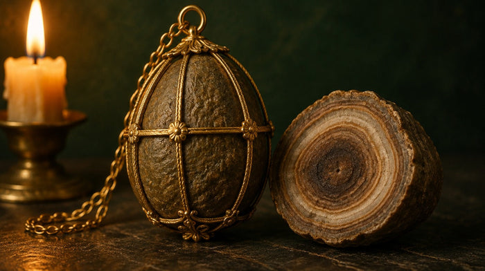Egg-shaped bezoar stone in a gold filigree cage on a chain beside a sliced bezoar showing growth rings